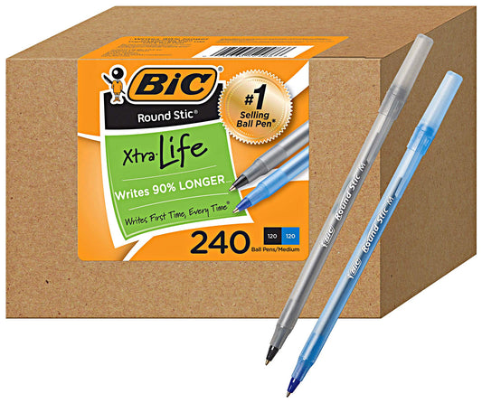 BIC PENS Bulk Pack of 240 Ink Pens, Bic Round Stic Xtra Life Ballpoint , Medium point 1.0 mm, 120 Black & 120 Blue Bic Pens Combo Pack in Bulk