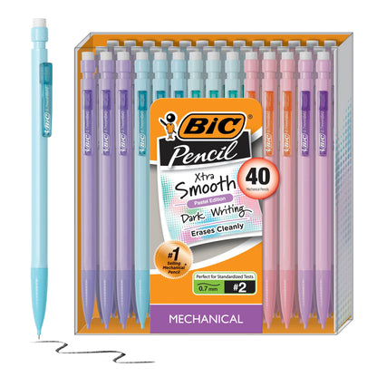 BIC Xtra-Smooth Pastel Mechanical Pencils with Erasers, Medium Point (0.7mm), 40-Count Pack, Bulk Mechanical Pencils for School or Office Supplies