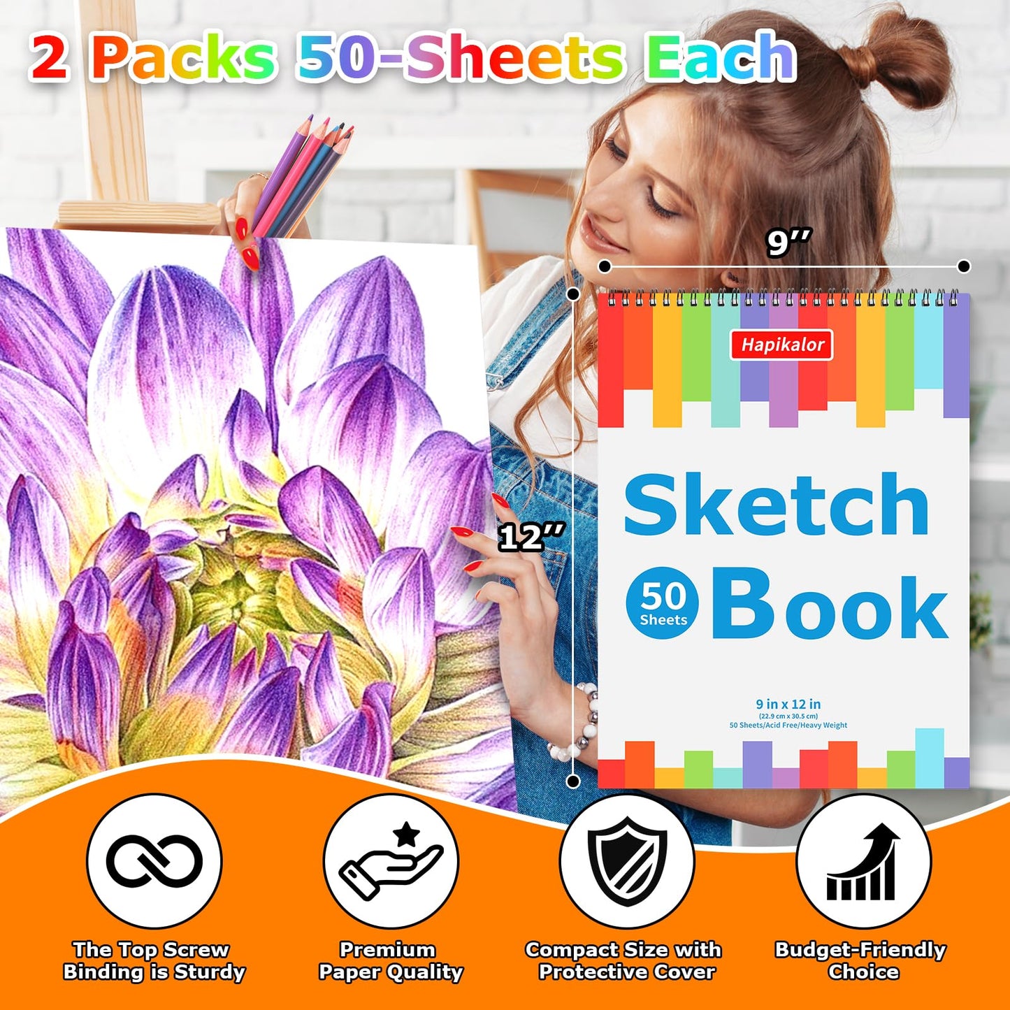 Sketch Book | 2-Pack 50 Sheets  9" x 12"  Spiral Bound Art Sketchbook  | Acid Free