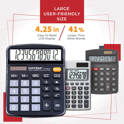 CATIGA 12 Digits Desktop Calculator with Large LCD Display and Sensitive Button, Dual Solar Power and Battery, Standard Function for Office, Home, School, CD-2786