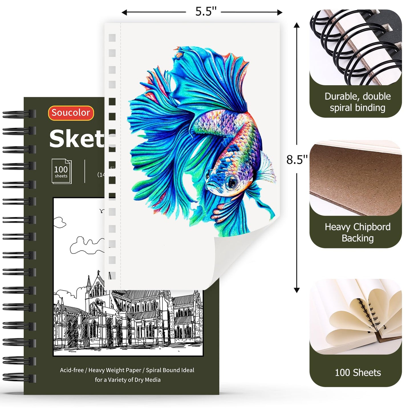 Soucolor 5.5" x 8.5" Sketch Book, 100 Sheets Spiral Bound Art Sketchbook, Acid Free (68lb/100gsm) Artist Drawing Book Paper Painting Sketching Pad