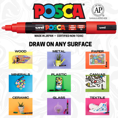 Posca Paint Markers, 5M Medium | 15PC | Posca Markers Set with Reversible Tips of Acrylic Paint Pens