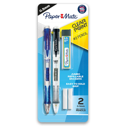 Paper Mate Clearpoint Mechanical Pencils 0.5mm, HB 2 Pencil Lead, School Supplies, Teacher Supplies, Drawing Pencils, Sketching Pencils, 1 Lead Refill Set, 2 Erasers, 2 Pencils