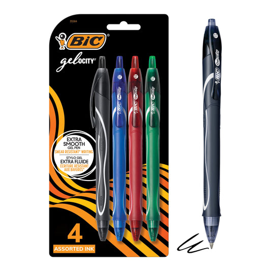 BIC Gelocity Quick Dry Assorted Colors Gel Pens, Medium Point (0.7mm), 4-Count Pack, Retractable Gel Pens With Comfortable Full Grip