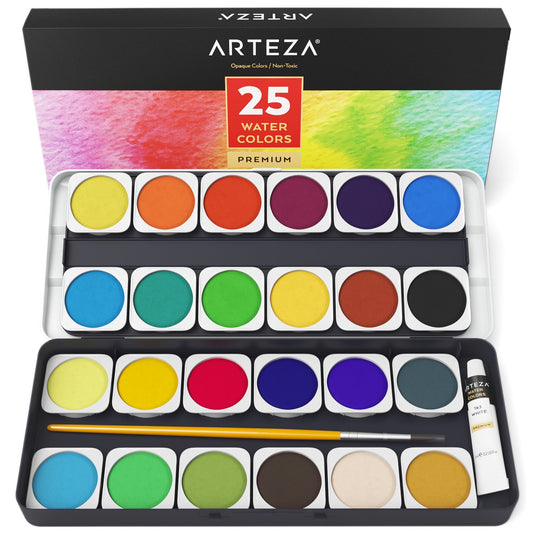 ARTEZA Watercolor Paint Set, 25 Water Colors with Brush, Watercolor Palette for Artists, Water Paint for Painting, Sketching