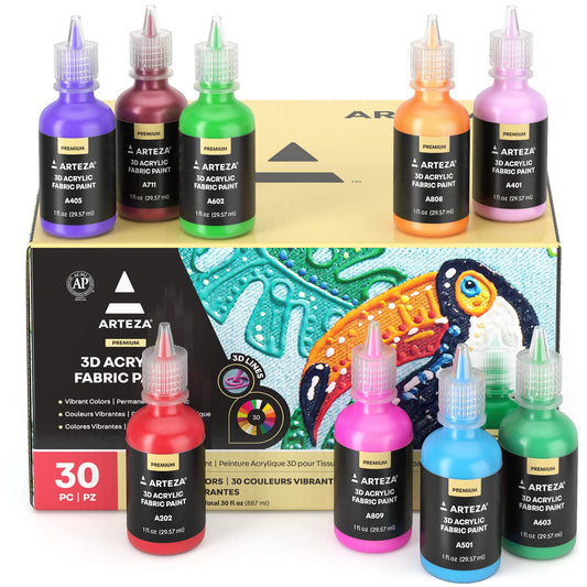 ARTEZA Fabric Paint, Set of 30, Permanent 3D Paint, Glow-in-the-Dark, Glitter, Neon, and Metallic Hues, Paint for Textiles, Canvas, and Wood