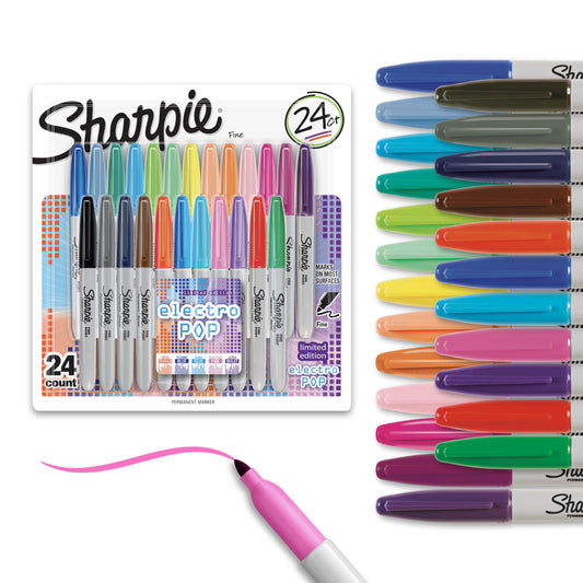 Sharpie Electro Pop Permanent Markers, Fine Tip Marker Set, Coloring Markers, Drawing Markers, Writing Markers, Assorted Colors Art Markers, 24 Count