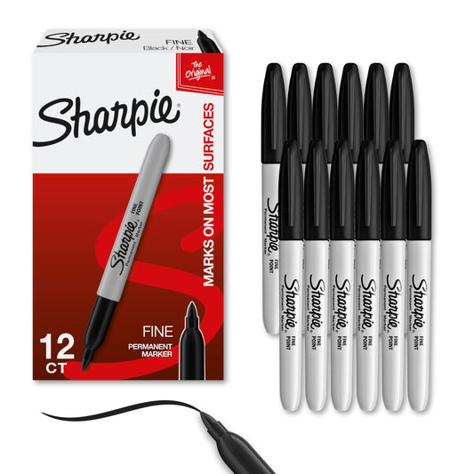 Sharpie Permanent Markers Set, Quick Drying And Fade Resistant Fine Point Marker For Wood, Plastic, Paper, Metal, And More, Drawing, Coloring, And Poster Marker , Black, 12 Count