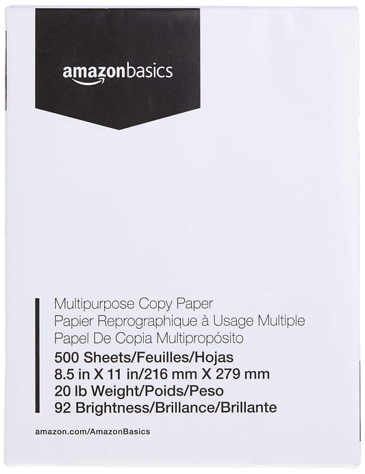 Amazon Basics Multipurpose Copy Printer Paper, 8.5 x 11 inches, 20 lb, 1 Ream, 500 Sheets, 92 Bright, White