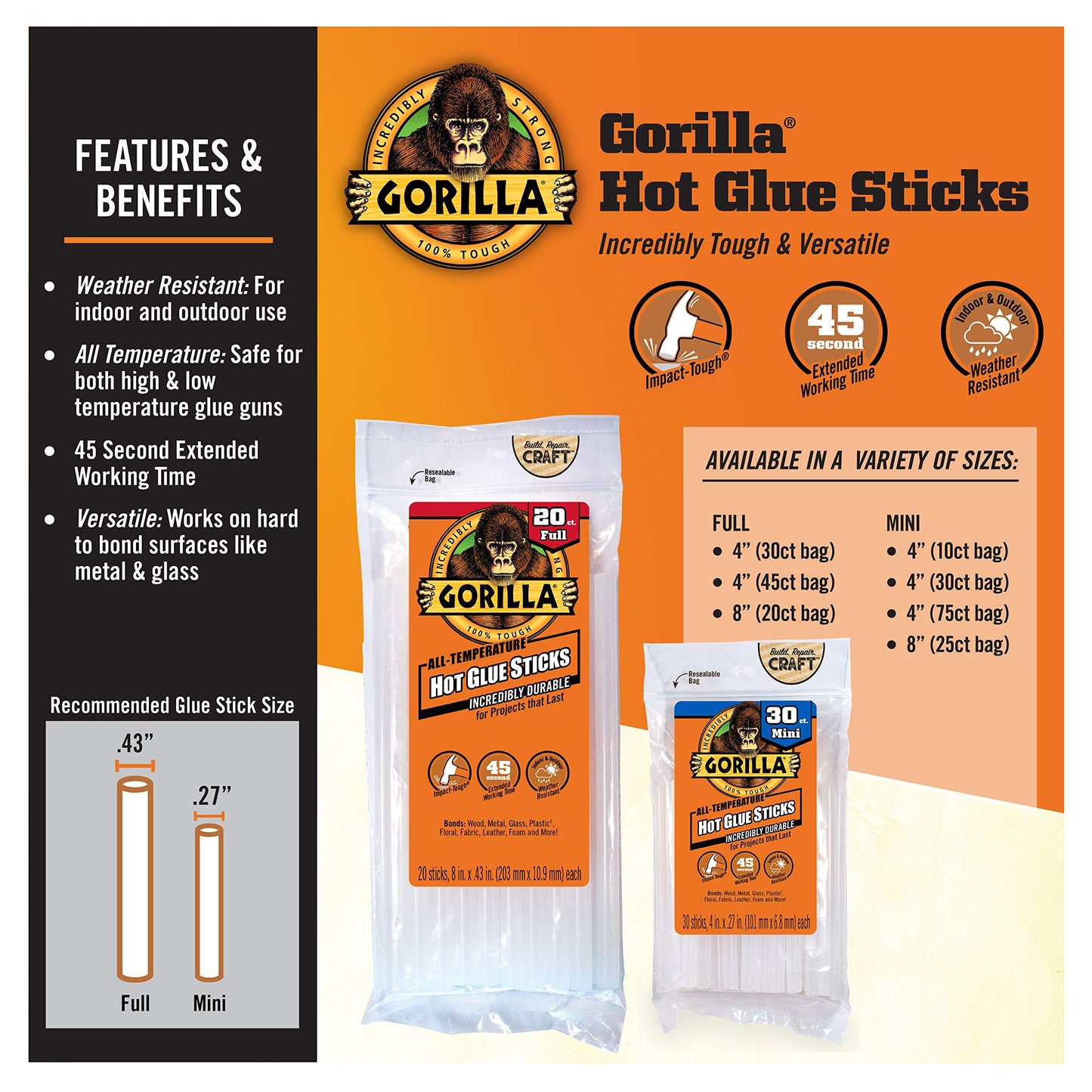 Gorilla Hot Glue Sticks, Mini Size, 4" Long x .27" Diameter, 75 Count, Clear, (Pack of 1)