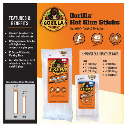 Gorilla Hot Glue Sticks, Mini Size, 8" Long x .27" Diameter, 25 Count, Clear, Bonds: Wood, Metal, Glass, Plastic, Floral, Fabric, Leather, Foam, and More (Pack of 4 with 25 Glue Sticks per pack)